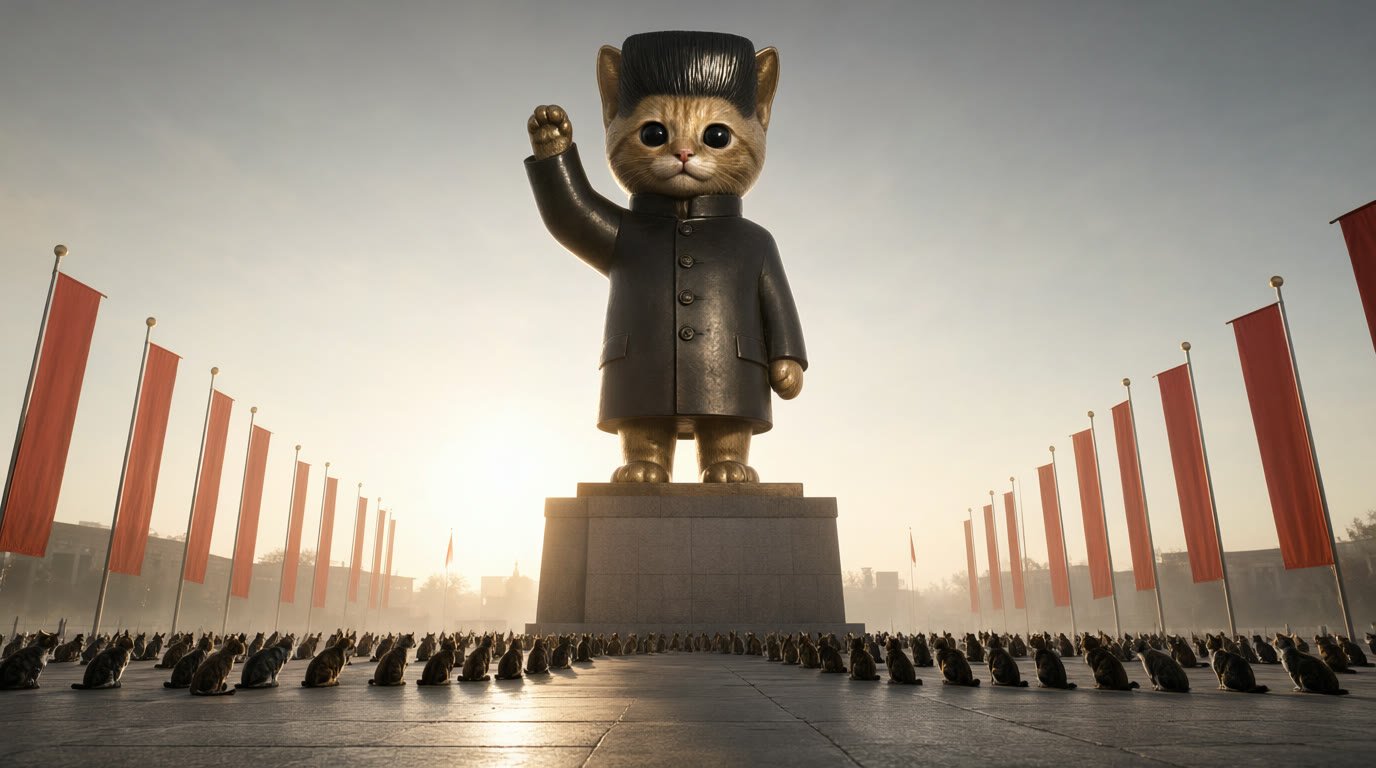 A colossal bronze statue of the kitten with its flat-top haircut, waving from a granite pedestal over rows of tiny cats and red flags at dawn